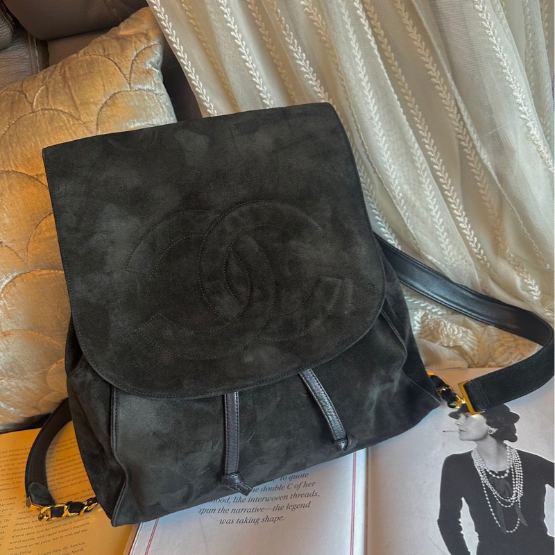 香奈兒 黑色後背包 黑色麂皮 金鏈 後背包 雙肩包 黑色皮革 復古 黑色麂皮  中古 復古 古董包  vintage backpack black leather chanel-2