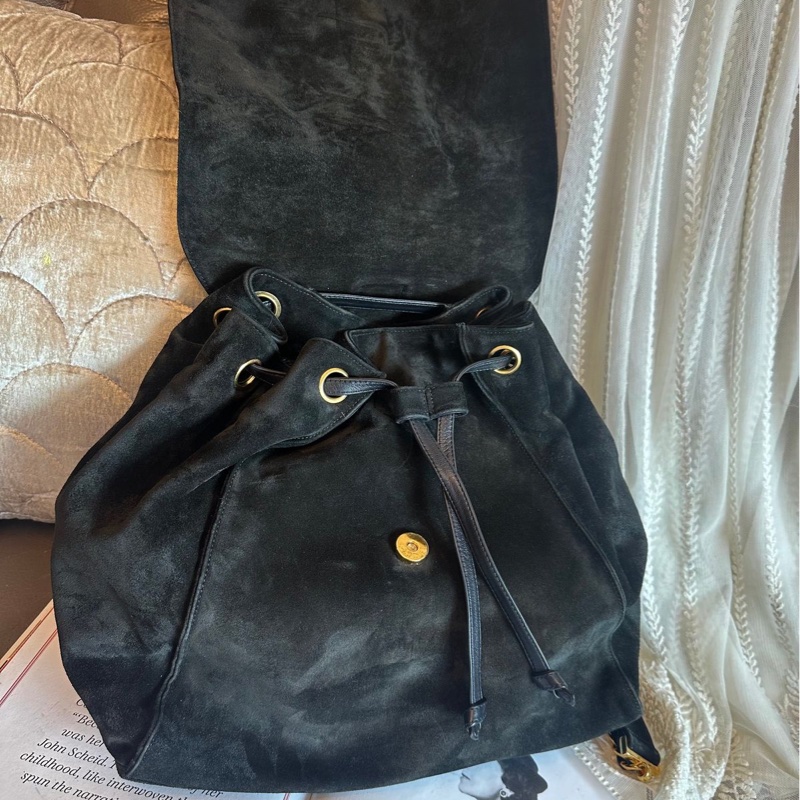 香奈兒 黑色後背包 黑色麂皮 金鏈 後背包 雙肩包 黑色皮革 復古 黑色麂皮  中古 復古 古董包  vintage backpack black leather chanel-17