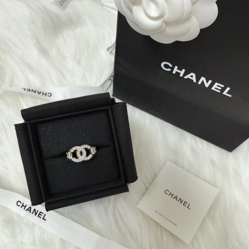 CHANEL CC Logo 銀色 水鑽 水晶 戒指 52號 ABF782-6