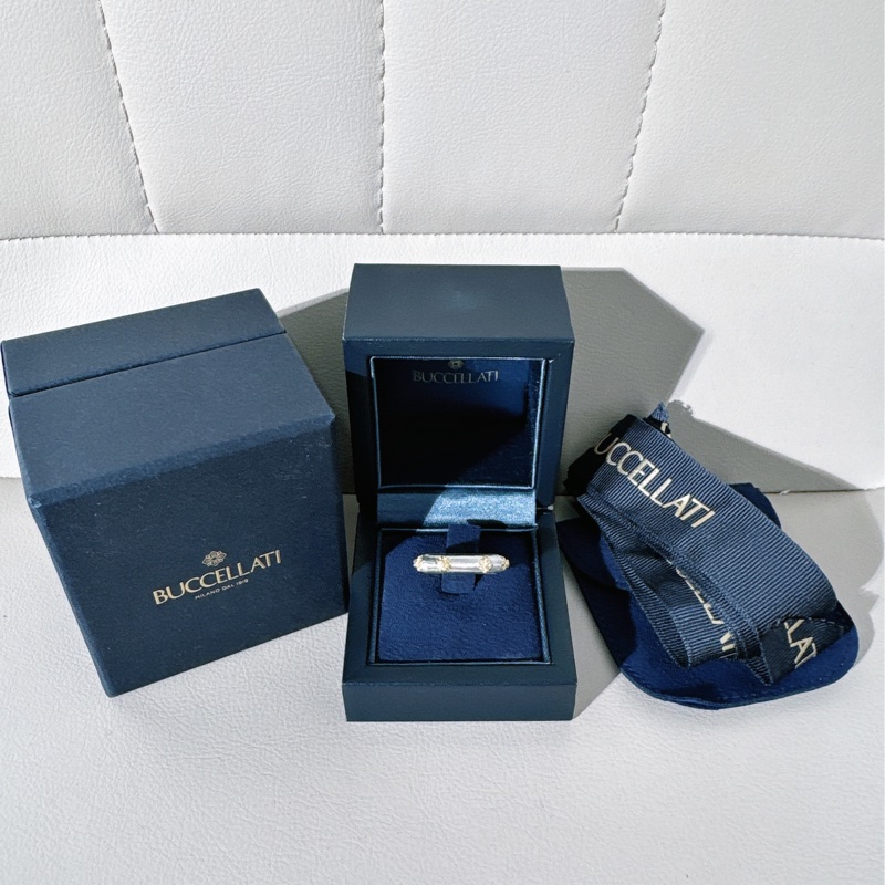 Buccellati布契拉提 Macri系列 白金拉絲六鑽戒指，54號-1