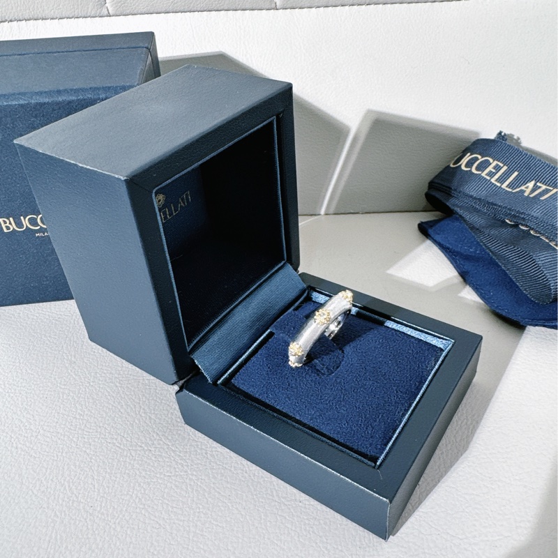 Buccellati布契拉提 Macri系列 白金拉絲六鑽戒指，54號-2