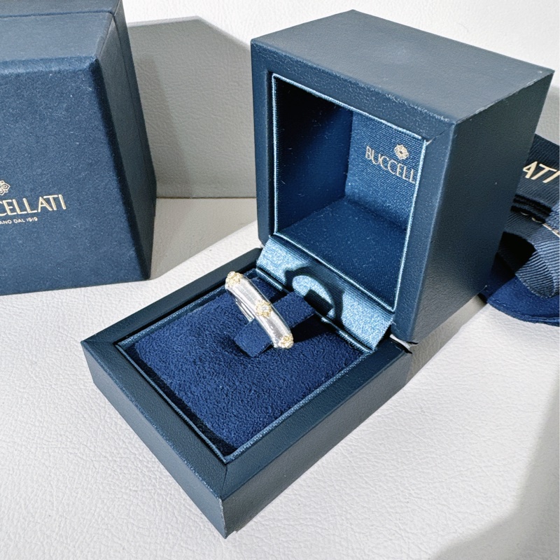 Buccellati布契拉提 Macri系列 白金拉絲六鑽戒指，54號-3