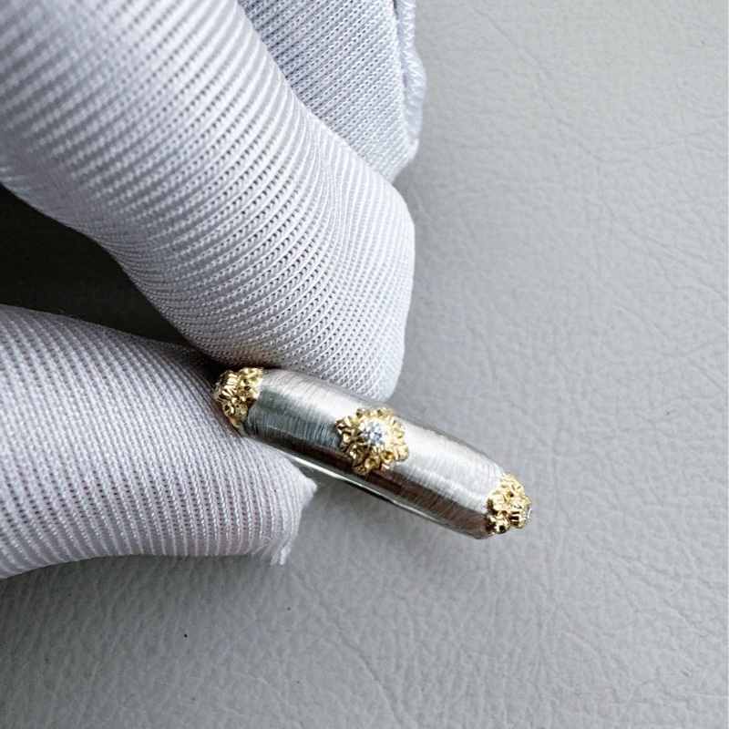 Buccellati布契拉提 Macri系列 白金拉絲六鑽戒指，54號-4