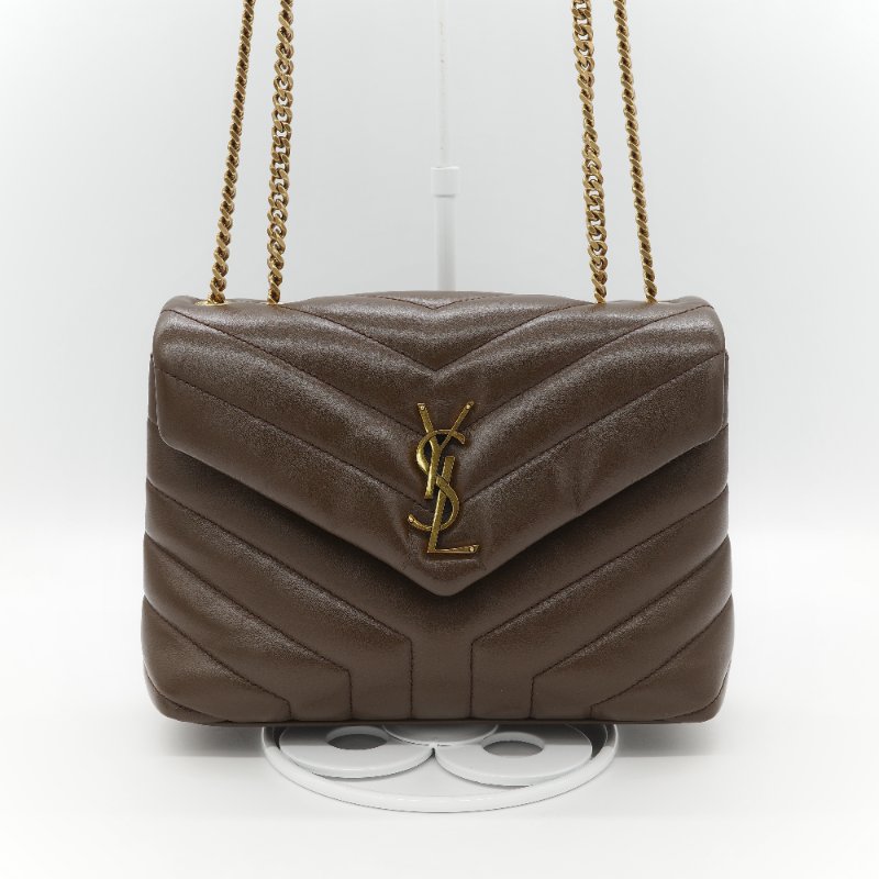 Saint Laurent YSL 聖羅蘭 Loulou 經典土褐色 絎縫小牛皮 Y 字縫線 翻蓋 鏈條斜背包-1