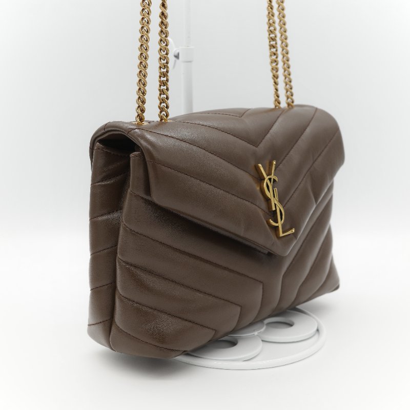 Saint Laurent YSL 聖羅蘭 Loulou 經典土褐色 絎縫小牛皮 Y 字縫線 翻蓋 鏈條斜背包-2