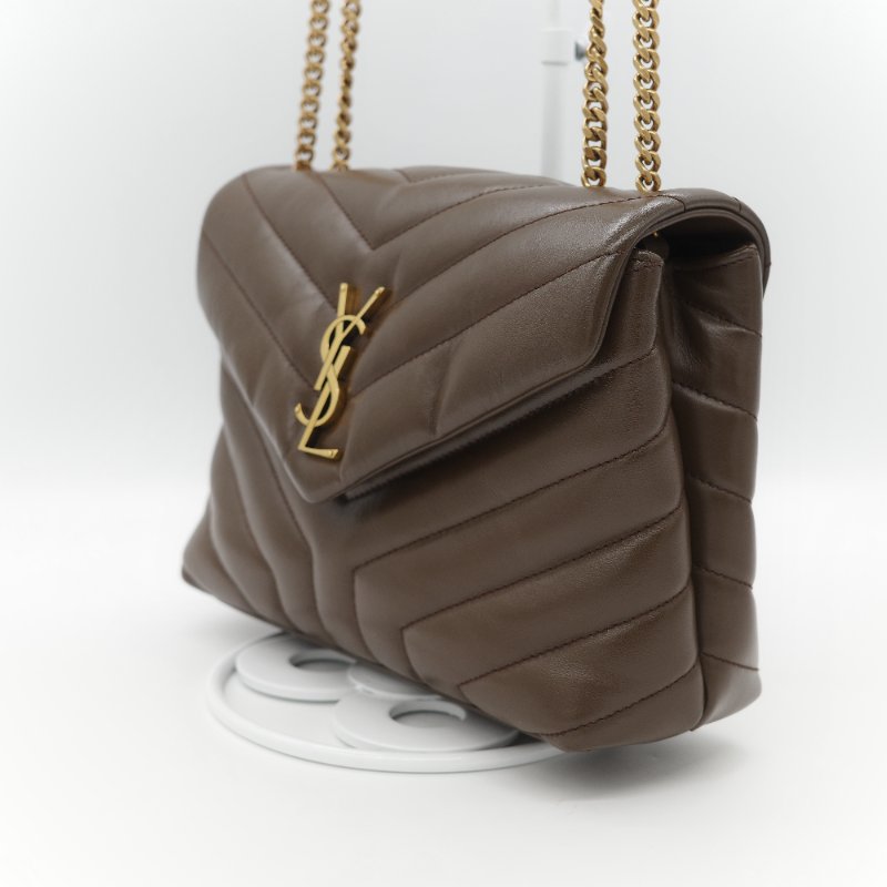 Saint Laurent YSL 聖羅蘭 Loulou 經典土褐色 絎縫小牛皮 Y 字縫線 翻蓋 鏈條斜背包-3