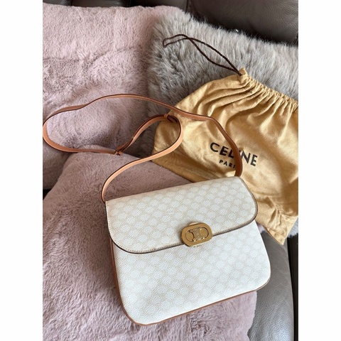 思琳 賽琳 凱莉包 老花凱旋門 斜背包 側背包 白色 中古包包 托特包 側肩包罕有 中古凱旋門老花包 米白色 celine vintage triomphe bag