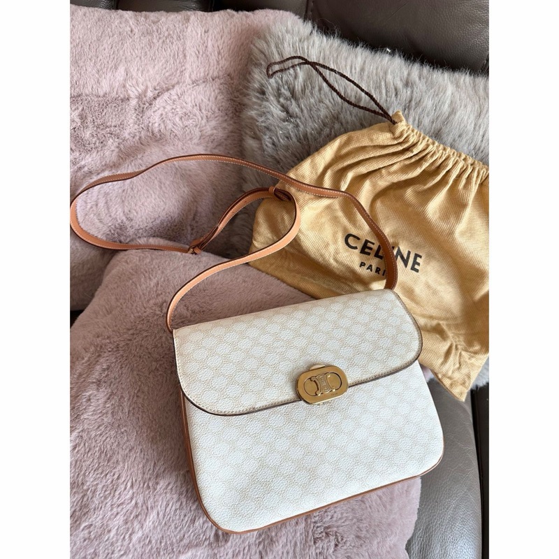 思琳 賽琳 凱莉包 老花凱旋門 斜背包 側背包 白色 中古包包 托特包 側肩包罕有 中古凱旋門老花包 米白色 celine vintage triomphe bag-0