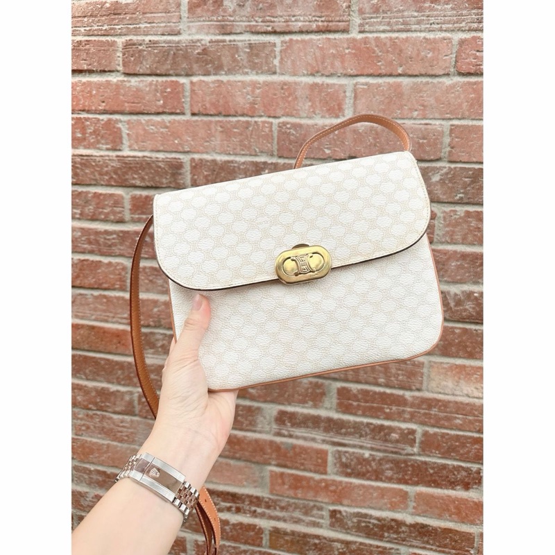 思琳 賽琳 凱莉包 老花凱旋門 斜背包 側背包 白色 中古包包 托特包 側肩包罕有 中古凱旋門老花包 米白色 celine vintage triomphe bag-2