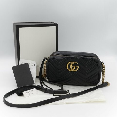 Gucci 古馳 GG Marmont 經典黑色 小牛皮 鏈條拉鍊肩背相機包