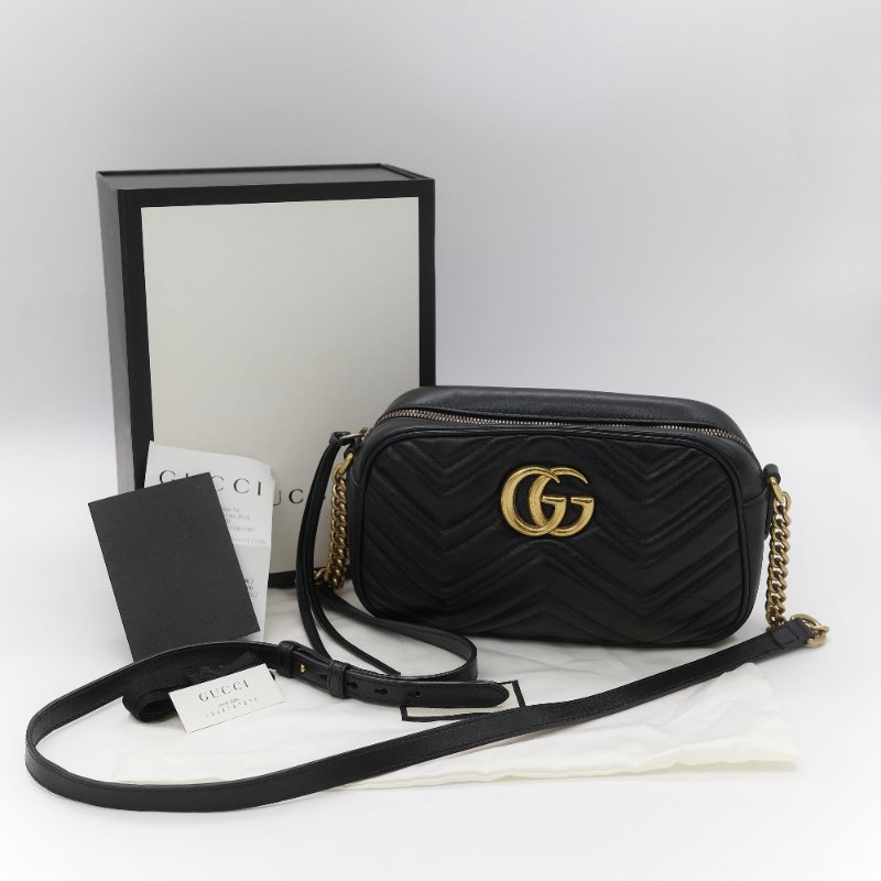 Gucci 古馳 GG Marmont 經典黑色 小牛皮 鏈條拉鍊肩背相機包-0