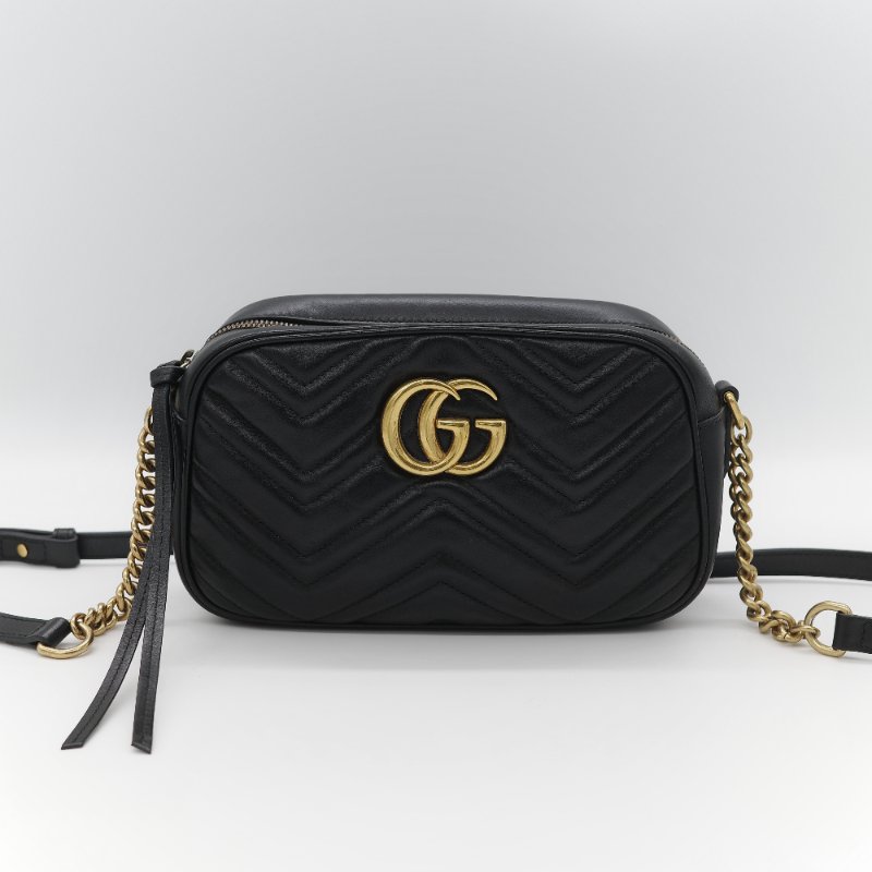 Gucci 古馳 GG Marmont 經典黑色 小牛皮 鏈條拉鍊肩背相機包-1