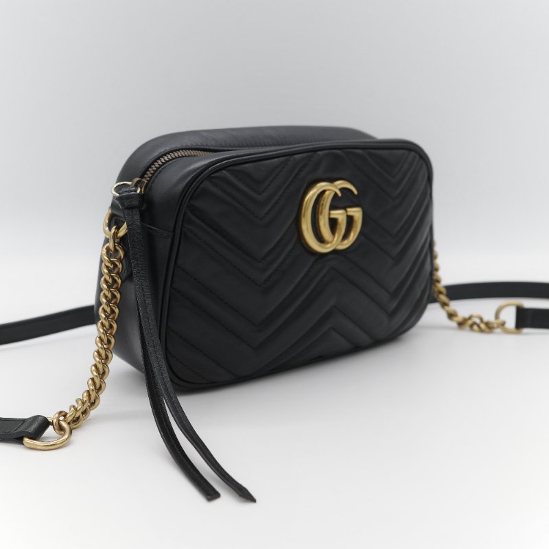 Gucci 古馳 GG Marmont 經典黑色 小牛皮 鏈條拉鍊肩背相機包-2