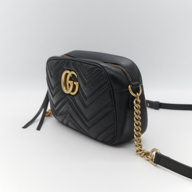 Gucci 古馳 GG Marmont 經典黑色 小牛皮 鏈條拉鍊肩背相機包-3