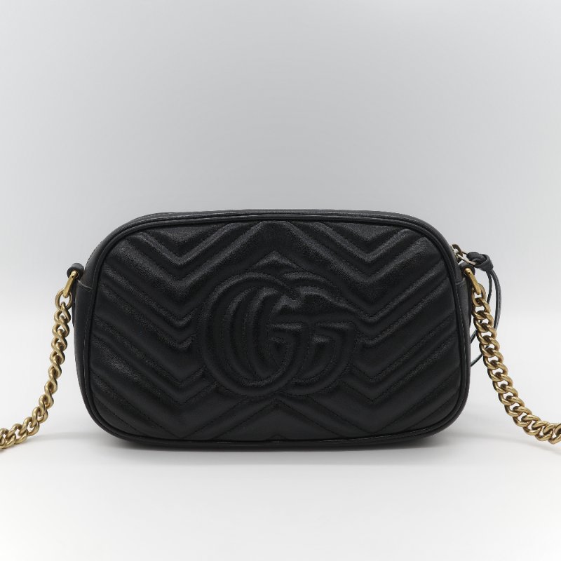 Gucci 古馳 GG Marmont 經典黑色 小牛皮 鏈條拉鍊肩背相機包-4