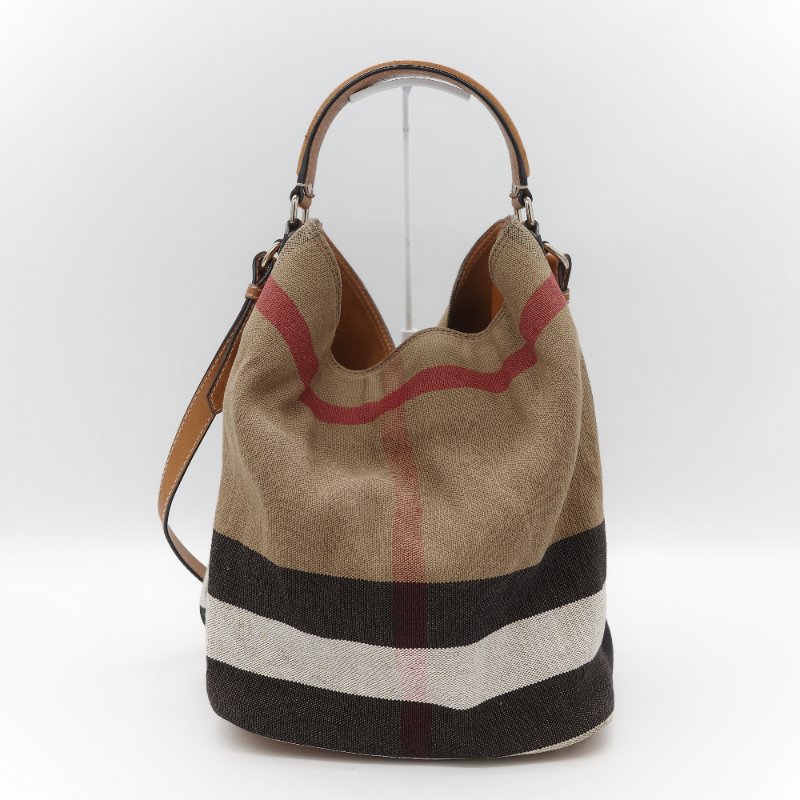 Burberry 巴寶莉 Ashby 中款 經典格紋 帆布水桶包-5