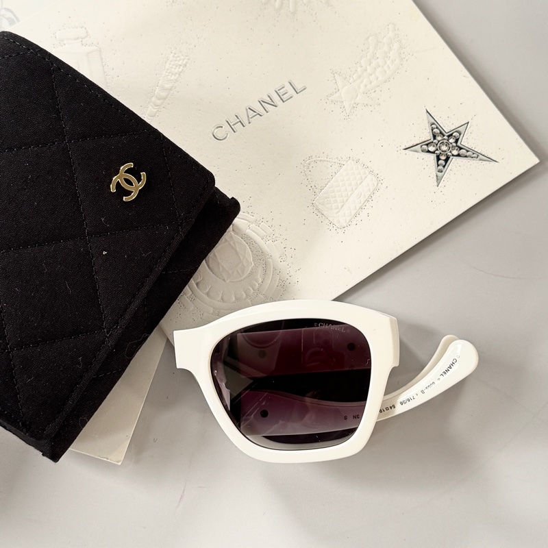 Chanel 白色折疊墨鏡 銀色水鑽 6055-B-0