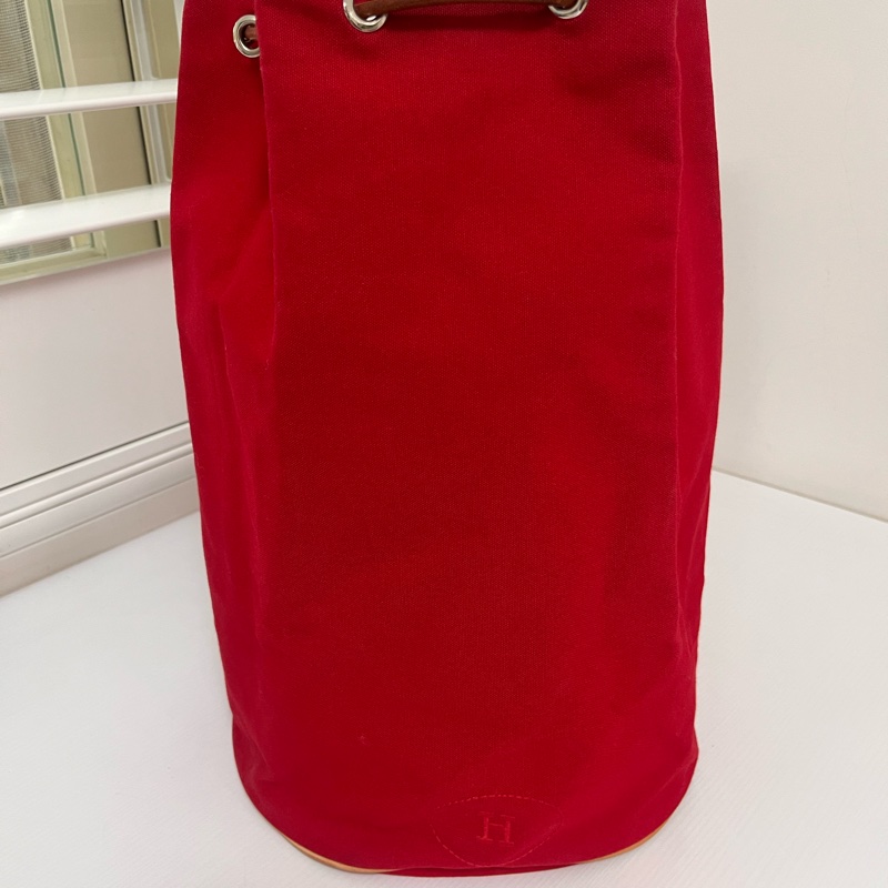 Hermes 愛馬仕 棉質帆布牛皮飾邊抽繩側背水桶包-0