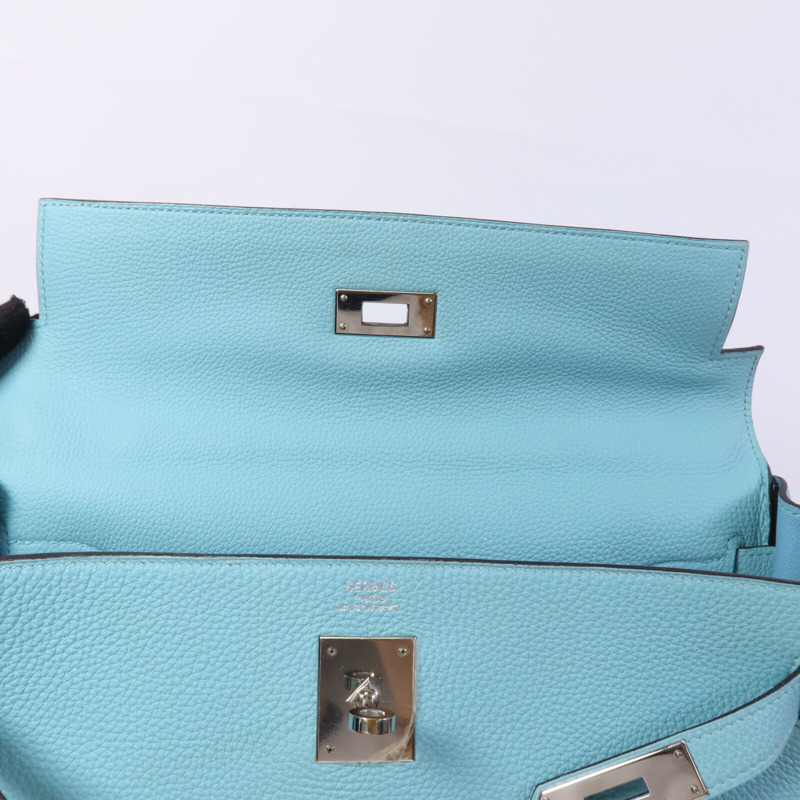 HERMES Clemence皮革Kelly 32手挽肩背兩用袋Bleu Atoll-14