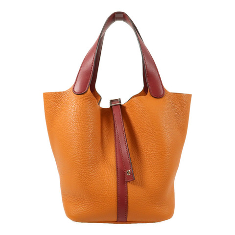 HERMES 【Hermes Fair】Clemence皮革Picotin MM銀扣手挽袋Rouge Grenade/Orange
