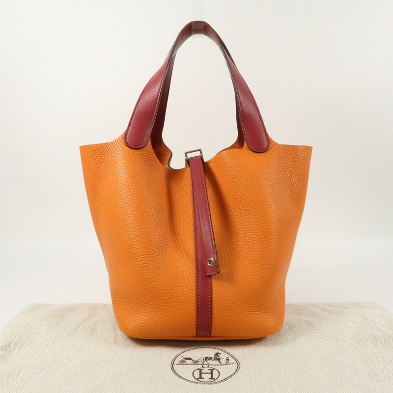 HERMES 【Hermes Fair】Clemence皮革Picotin MM銀扣手挽袋Rouge Grenade/Orange-12