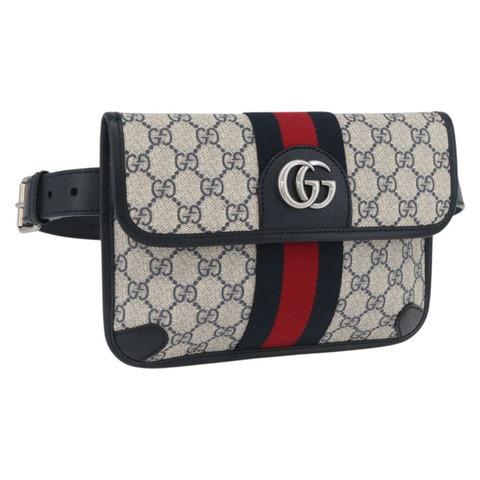 GUCCI GG Supreme Sherry Line 腰包 PVC 米色 銀色 674081 正品 ka3418M