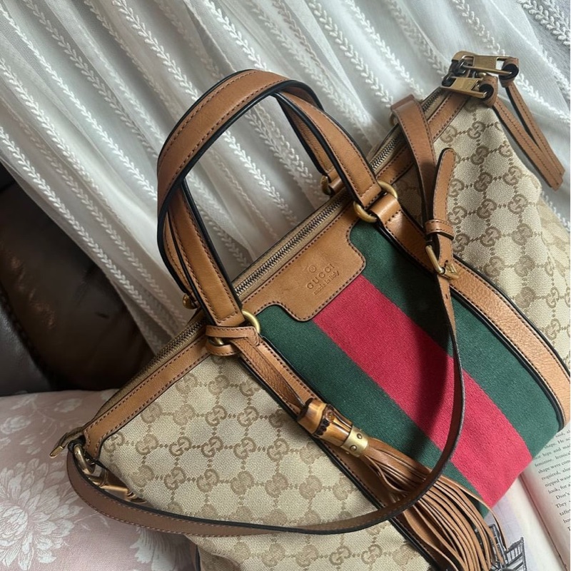 古馳 老花帆布 手提包  側背包 斜背包 流蘇包 竹節包 單肩包 通勤包休閒包 中古包 經典款 Gucci Ophidia tote bag-1