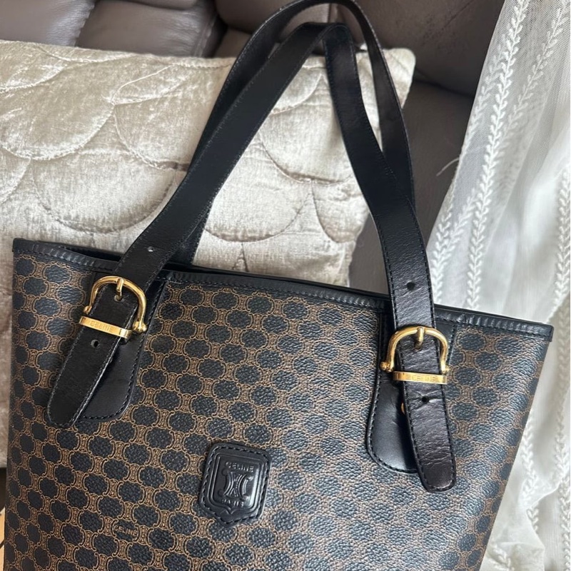 思琳 水桶包 托特包 中古包 Celine 賽琳 黑色老花 側揹包 單肩包 手提包 腋下包 vintage celine bucket bag 黑色 皮革 中古 復古 古董-2