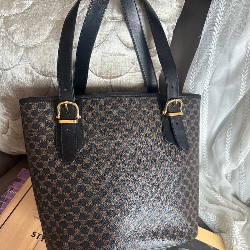 思琳 水桶包 托特包 中古包 Celine 賽琳 黑色老花 側揹包 單肩包 手提包 腋下包 vintage celine bucket bag 黑色 皮革 中古 復古 古董-4