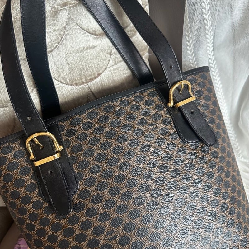 思琳 水桶包 托特包 中古包 Celine 賽琳 黑色老花 側揹包 單肩包 手提包 腋下包 vintage celine bucket bag 黑色 皮革 中古 復古 古董-5