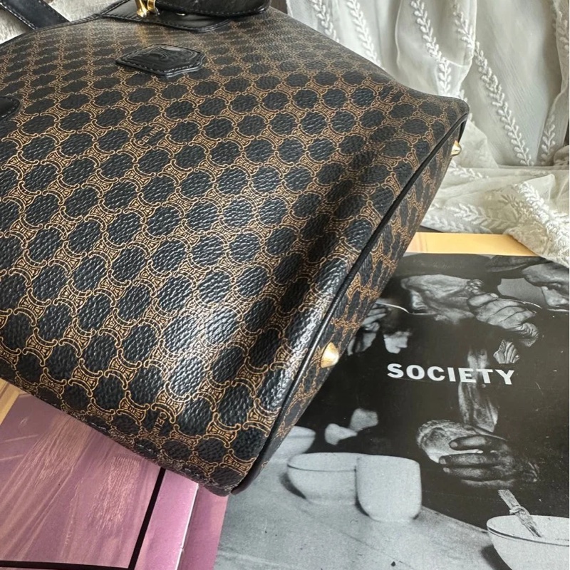 思琳 水桶包 托特包 中古包 Celine 賽琳 黑色老花 側揹包 單肩包 手提包 腋下包 vintage celine bucket bag 黑色 皮革 中古 復古 古董-8