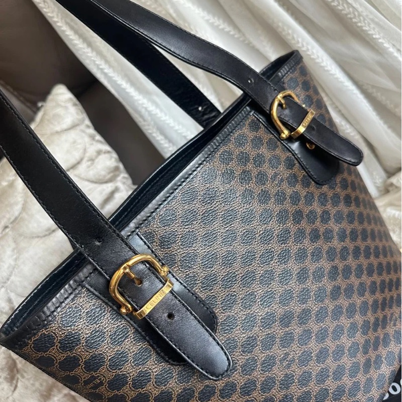 思琳 水桶包 托特包 中古包 Celine 賽琳 黑色老花 側揹包 單肩包 手提包 腋下包 vintage celine bucket bag 黑色 皮革 中古 復古 古董-10