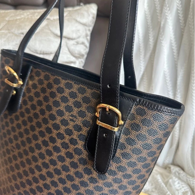 思琳 水桶包 托特包 中古包 Celine 賽琳 黑色老花 側揹包 單肩包 手提包 腋下包 vintage celine bucket bag 黑色 皮革 中古 復古 古董-11