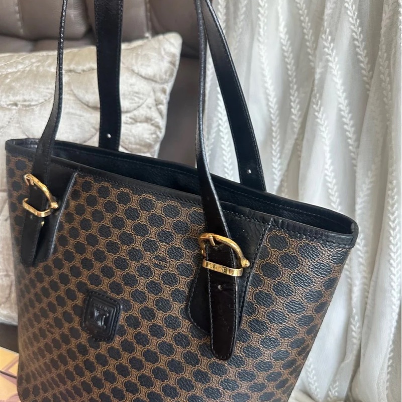 思琳 水桶包 托特包 中古包 Celine 賽琳 黑色老花 側揹包 單肩包 手提包 腋下包 vintage celine bucket bag 黑色 皮革 中古 復古 古董-13