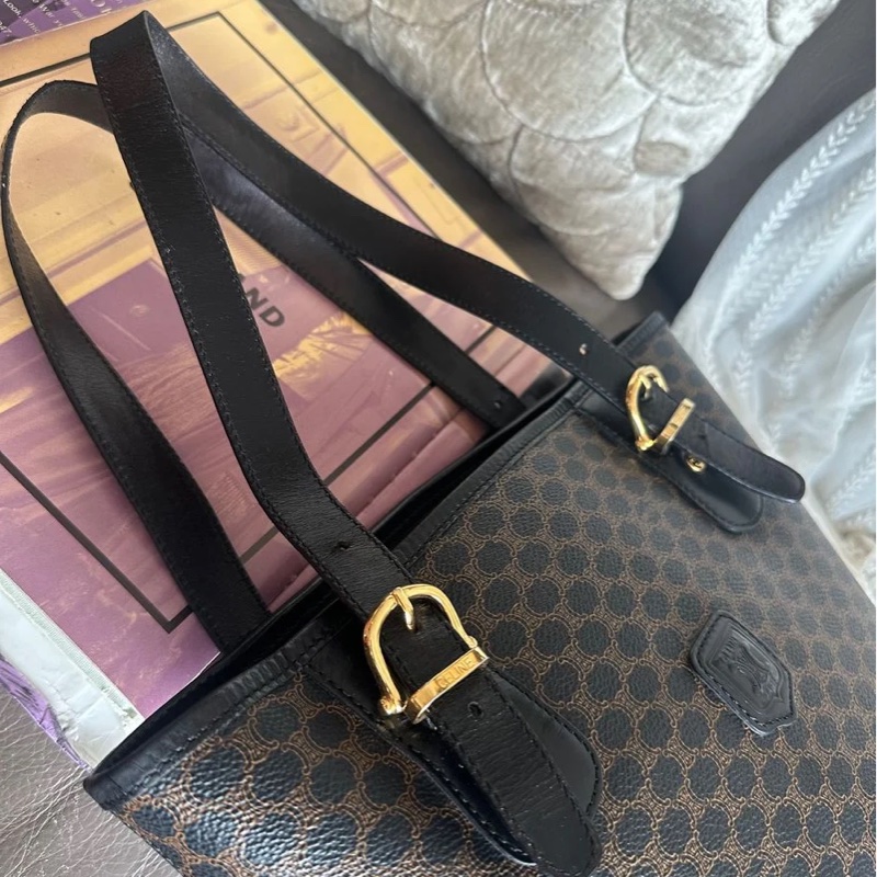 思琳 水桶包 托特包 中古包 Celine 賽琳 黑色老花 側揹包 單肩包 手提包 腋下包 vintage celine bucket bag 黑色 皮革 中古 復古 古董-17