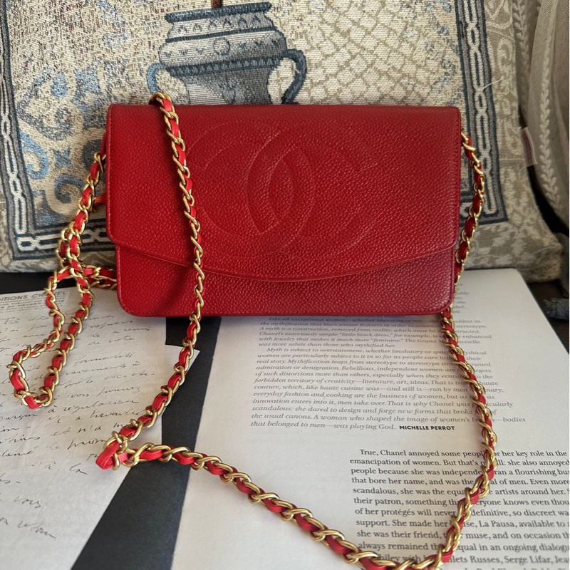 香奈兒 紅色 皮革 荔枝皮 魚子醬皮 牛皮 發財包 斜挎包 斜背包 鏈條包 信封包 銀包 錢包 woc wallet on chain chanel-0