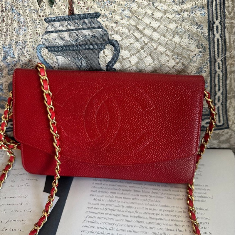 香奈兒 紅色 皮革 荔枝皮 魚子醬皮 牛皮 發財包 斜挎包 斜背包 鏈條包 信封包 銀包 錢包 woc wallet on chain chanel-2