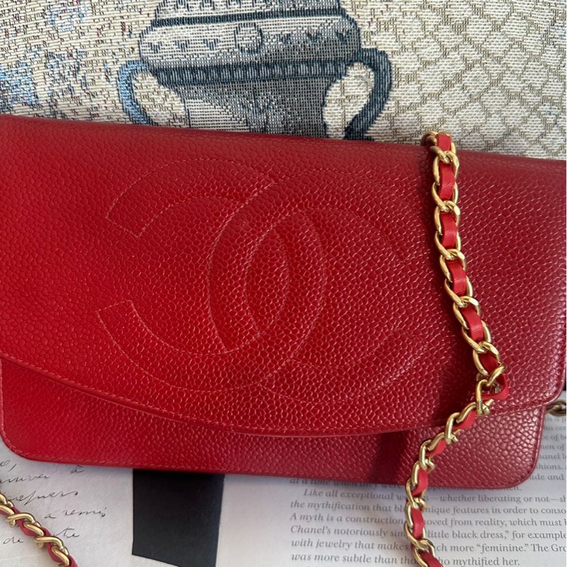 香奈兒 紅色 皮革 荔枝皮 魚子醬皮 牛皮 發財包 斜挎包 斜背包 鏈條包 信封包 銀包 錢包 woc wallet on chain chanel-3
