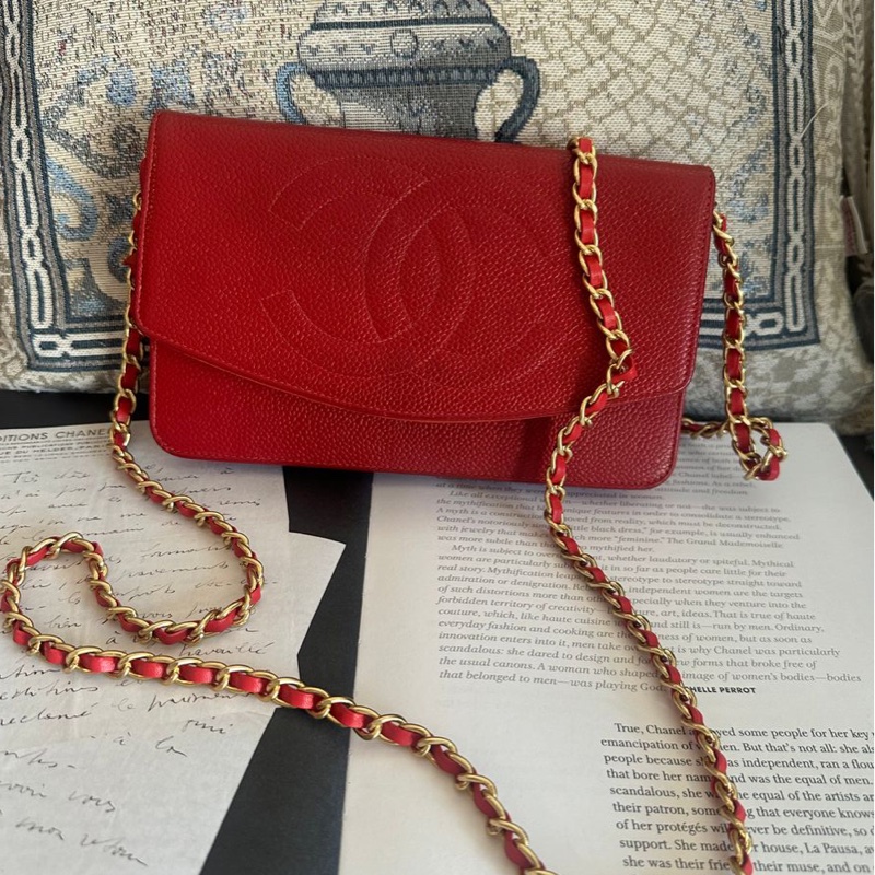 香奈兒 紅色 皮革 荔枝皮 魚子醬皮 牛皮 發財包 斜挎包 斜背包 鏈條包 信封包 銀包 錢包 woc wallet on chain chanel-4