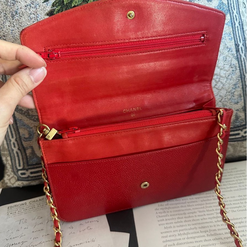 香奈兒 紅色 皮革 荔枝皮 魚子醬皮 牛皮 發財包 斜挎包 斜背包 鏈條包 信封包 銀包 錢包 woc wallet on chain chanel-5