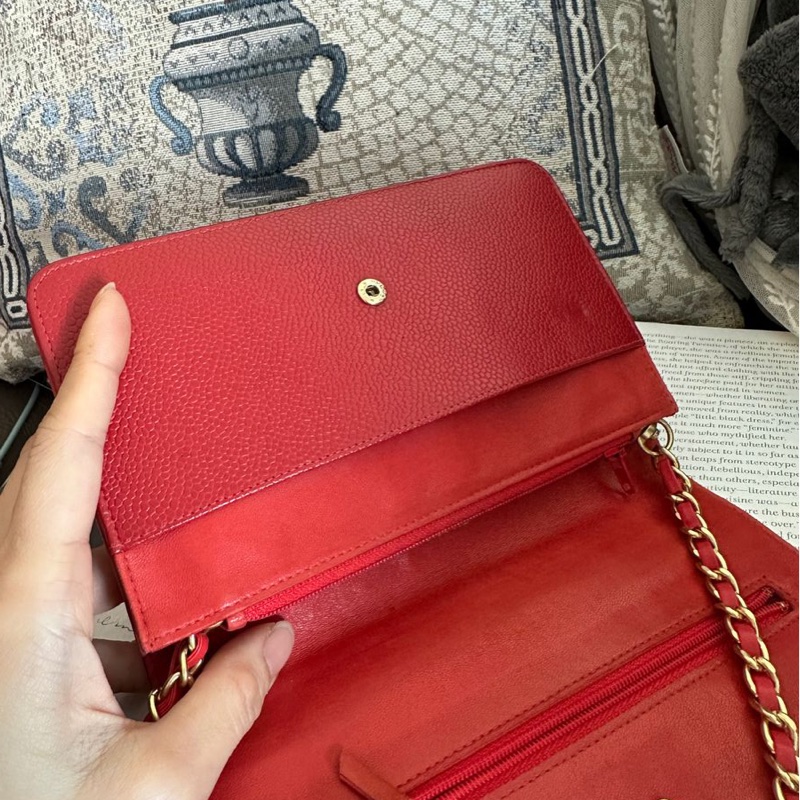 香奈兒 紅色 皮革 荔枝皮 魚子醬皮 牛皮 發財包 斜挎包 斜背包 鏈條包 信封包 銀包 錢包 woc wallet on chain chanel-6