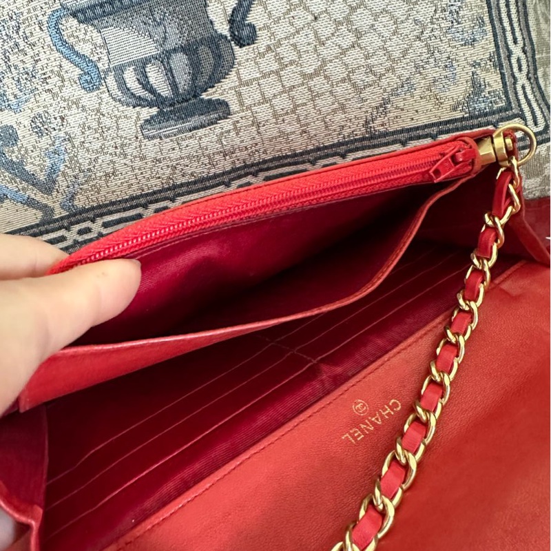 香奈兒 紅色 皮革 荔枝皮 魚子醬皮 牛皮 發財包 斜挎包 斜背包 鏈條包 信封包 銀包 錢包 woc wallet on chain chanel-7