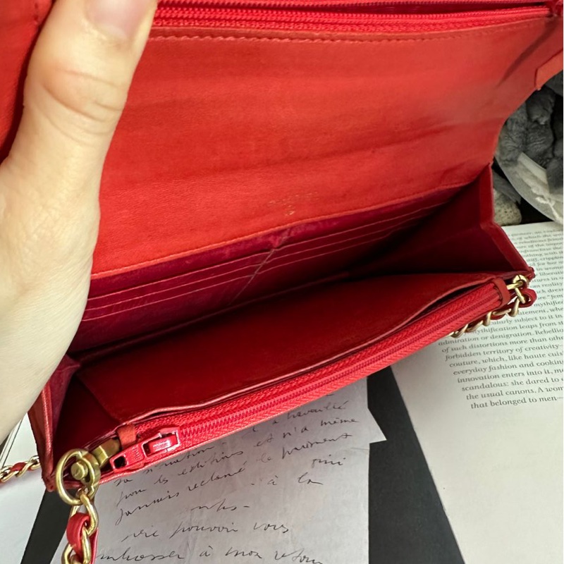 香奈兒 紅色 皮革 荔枝皮 魚子醬皮 牛皮 發財包 斜挎包 斜背包 鏈條包 信封包 銀包 錢包 woc wallet on chain chanel-8
