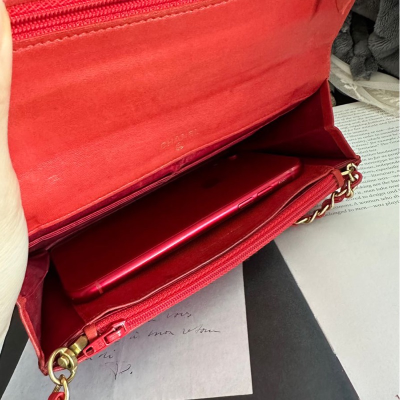 香奈兒 紅色 皮革 荔枝皮 魚子醬皮 牛皮 發財包 斜挎包 斜背包 鏈條包 信封包 銀包 錢包 woc wallet on chain chanel-9
