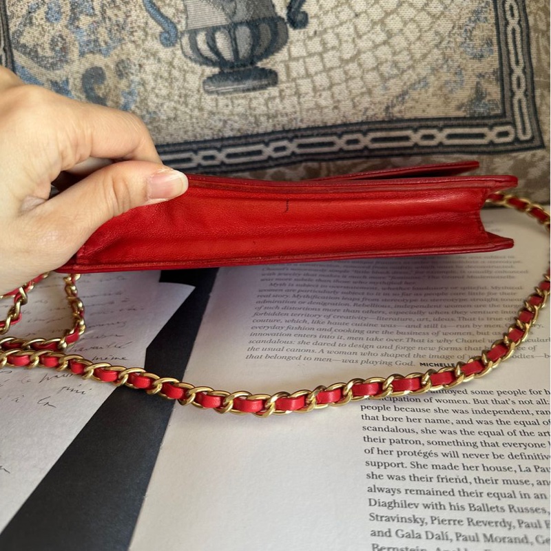 香奈兒 紅色 皮革 荔枝皮 魚子醬皮 牛皮 發財包 斜挎包 斜背包 鏈條包 信封包 銀包 錢包 woc wallet on chain chanel-10