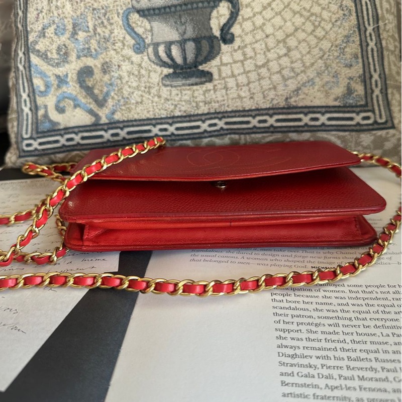 香奈兒 紅色 皮革 荔枝皮 魚子醬皮 牛皮 發財包 斜挎包 斜背包 鏈條包 信封包 銀包 錢包 woc wallet on chain chanel-11