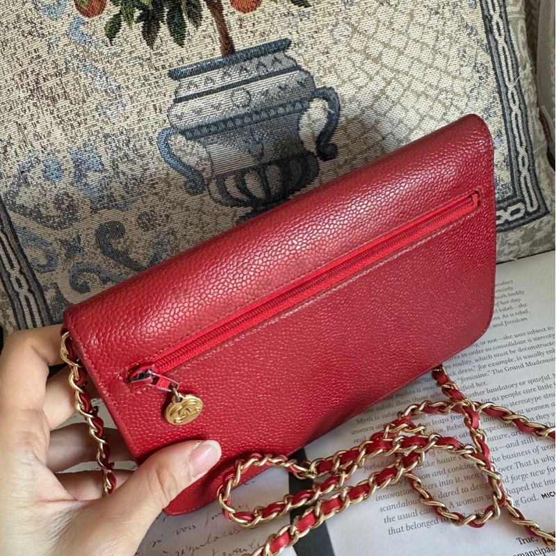 香奈兒 紅色 皮革 荔枝皮 魚子醬皮 牛皮 發財包 斜挎包 斜背包 鏈條包 信封包 銀包 錢包 woc wallet on chain chanel-12