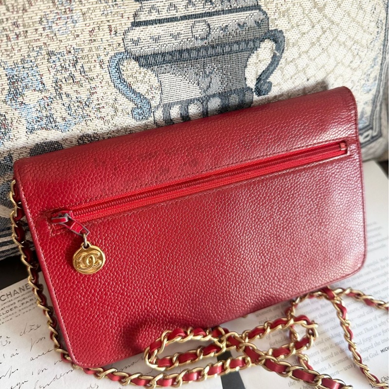 香奈兒 紅色 皮革 荔枝皮 魚子醬皮 牛皮 發財包 斜挎包 斜背包 鏈條包 信封包 銀包 錢包 woc wallet on chain chanel-13