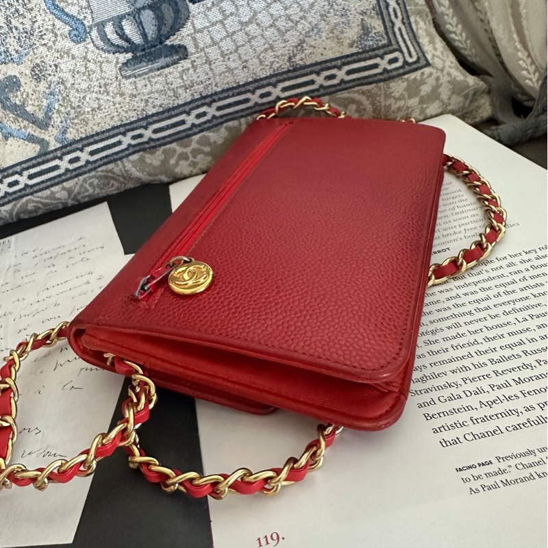 香奈兒 紅色 皮革 荔枝皮 魚子醬皮 牛皮 發財包 斜挎包 斜背包 鏈條包 信封包 銀包 錢包 woc wallet on chain chanel-15