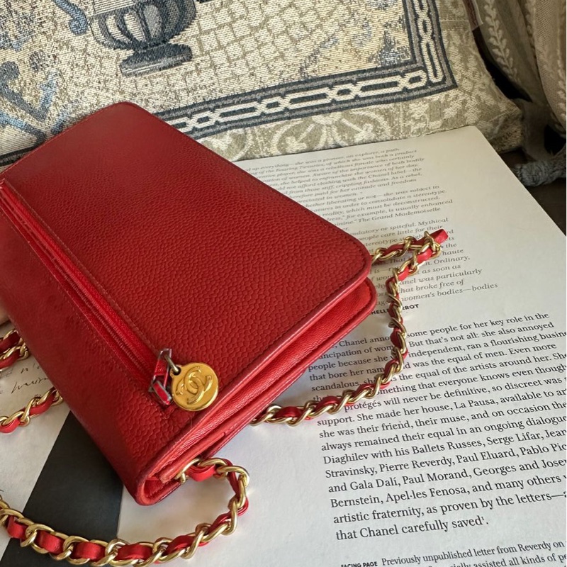 香奈兒 紅色 皮革 荔枝皮 魚子醬皮 牛皮 發財包 斜挎包 斜背包 鏈條包 信封包 銀包 錢包 woc wallet on chain chanel-16